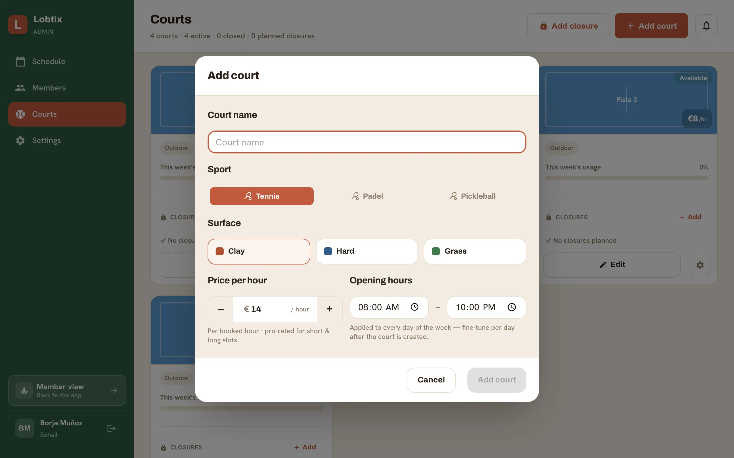 The Add court dialog with fields for name, surface, hours and price per hour.