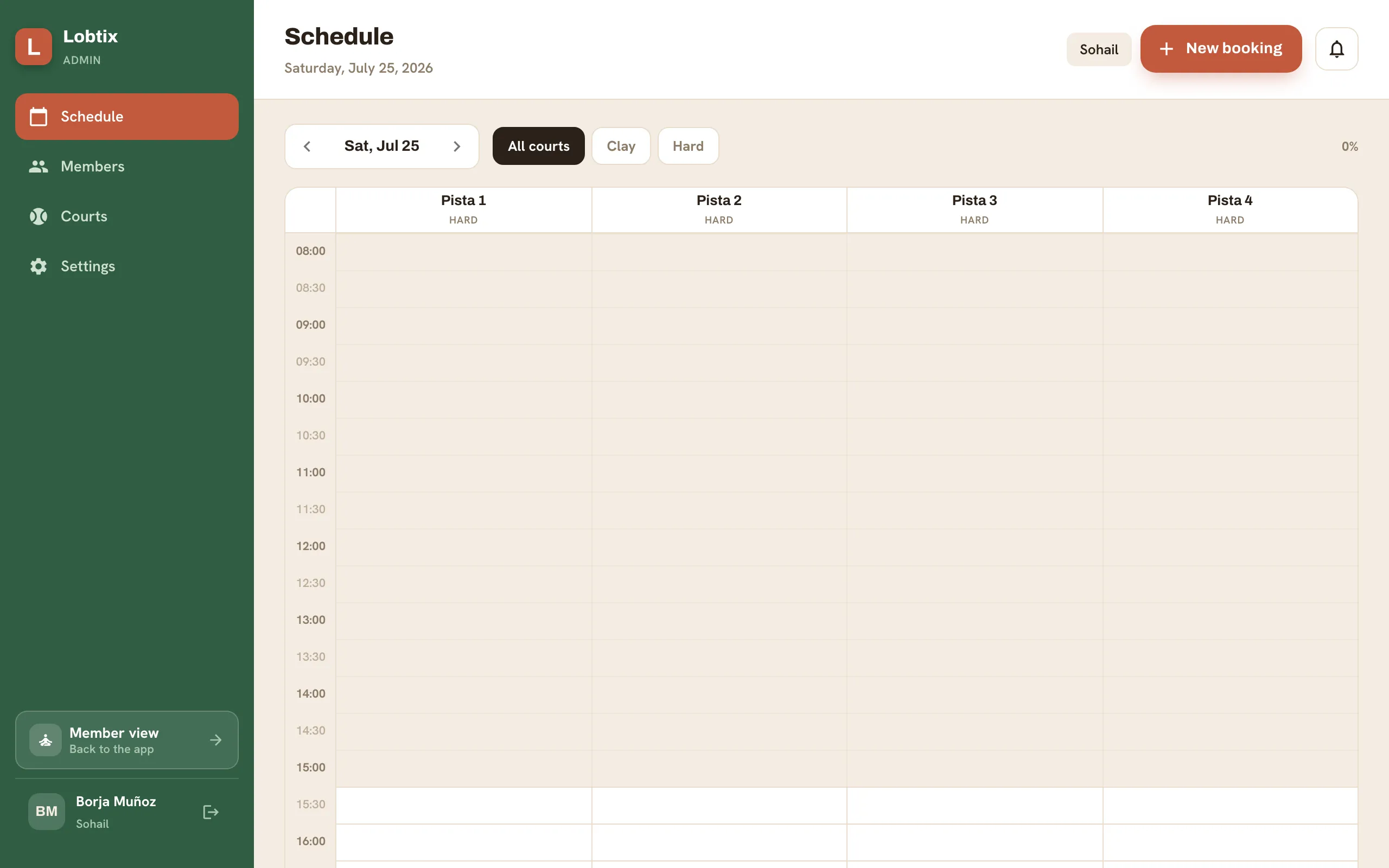 The admin schedule view showing the day's bookings across all courts.