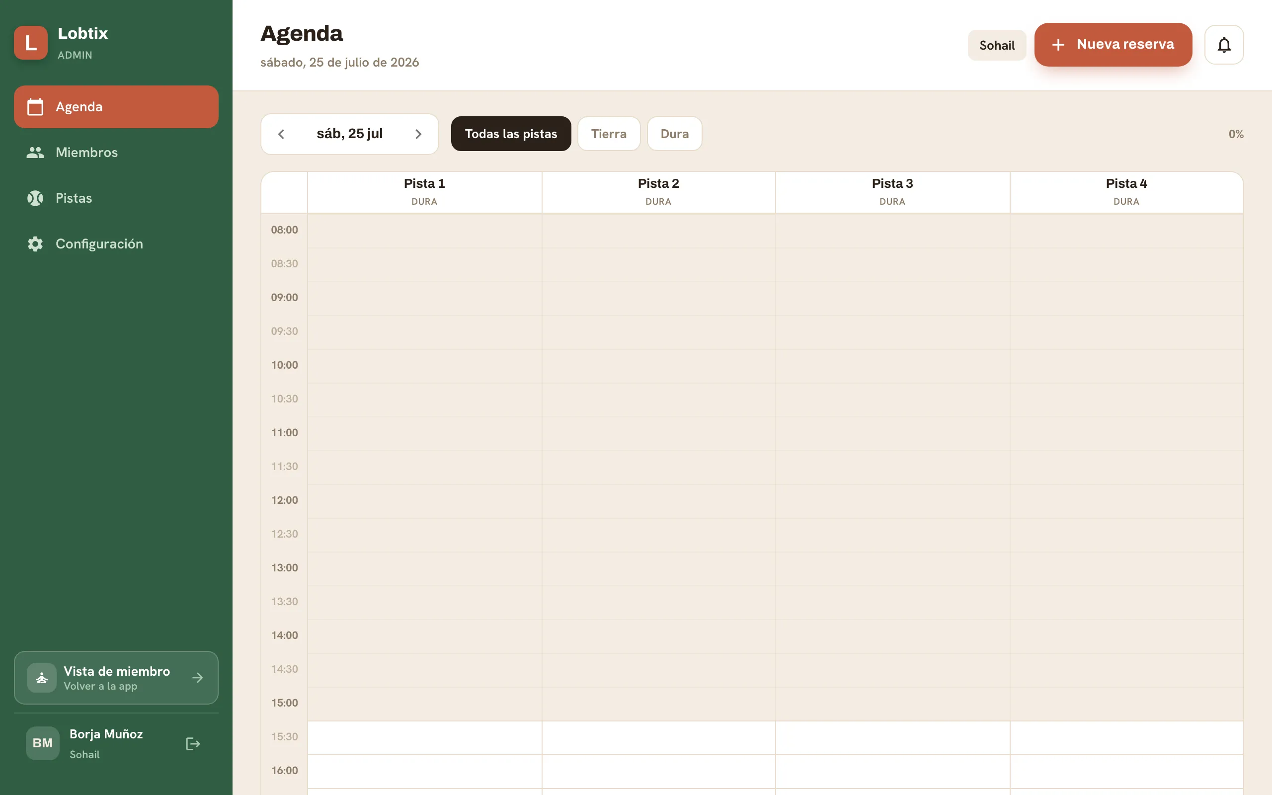 La vista de agenda del administrador con las reservas del día en todas las pistas.