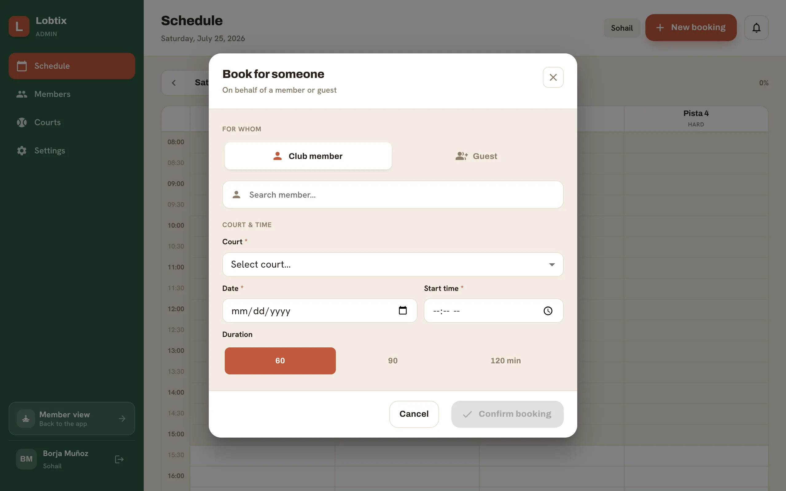 An admin booking a court on behalf of a member or guest from the schedule.