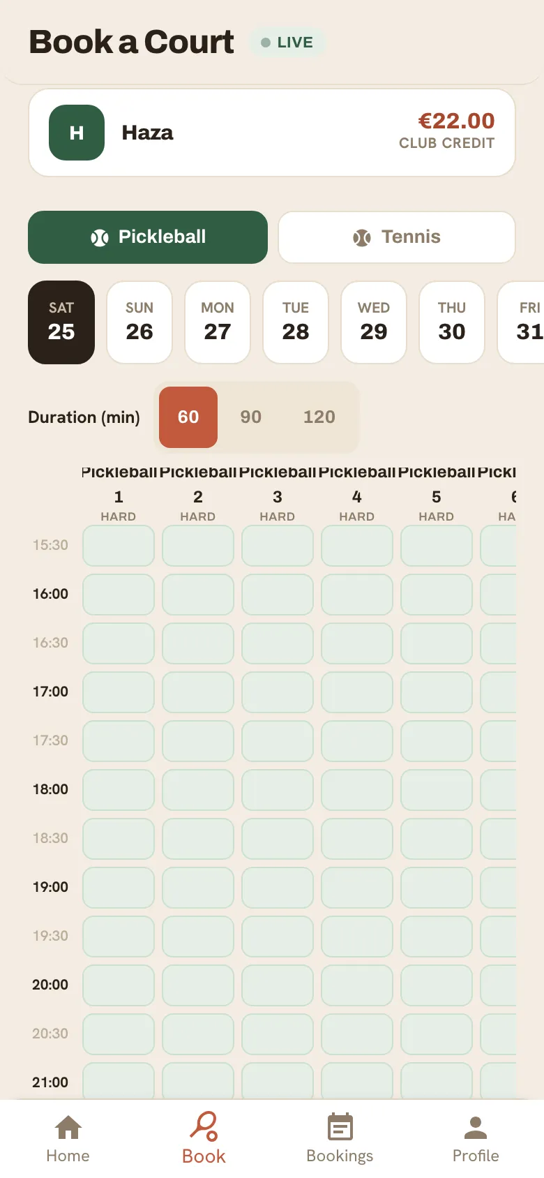 The Book tab with the court availability grid.