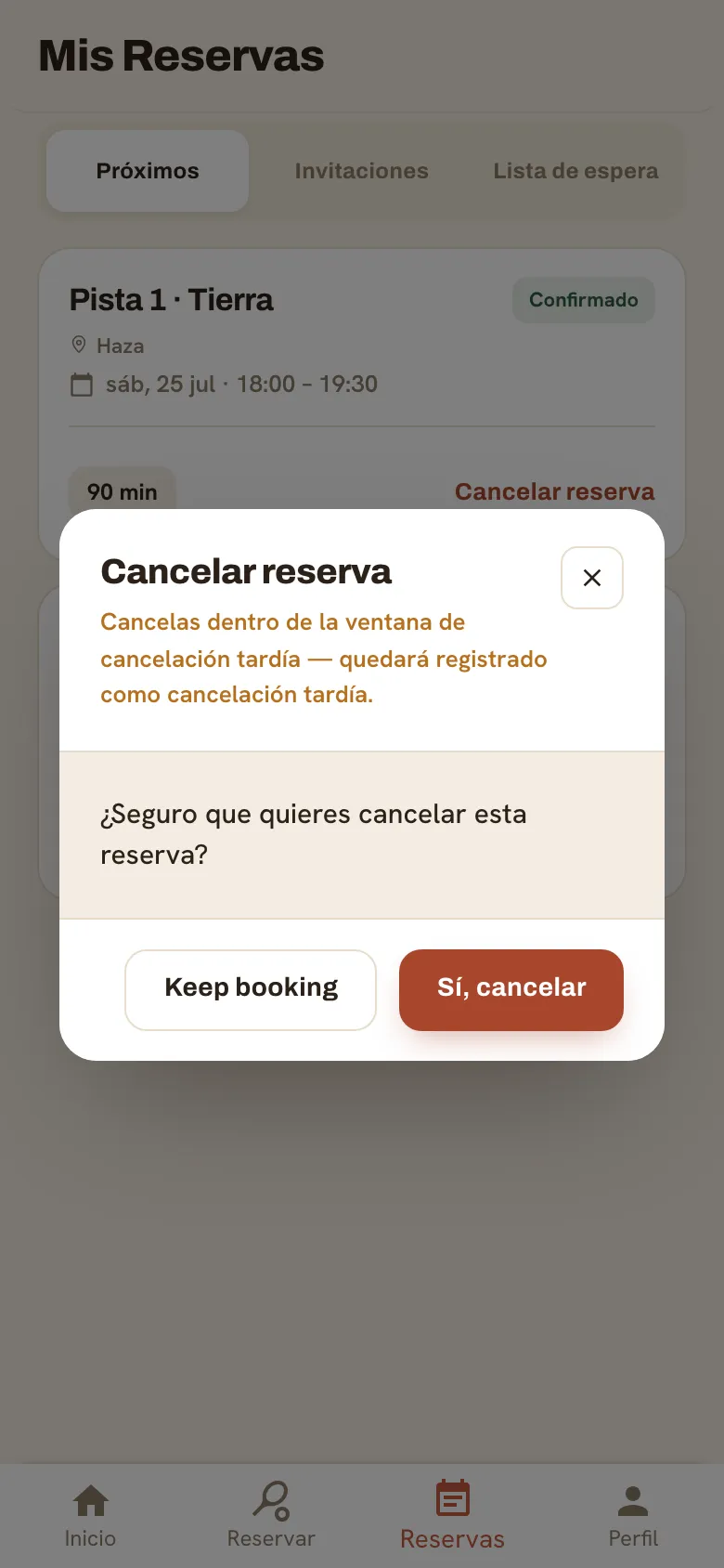 El diálogo de confirmación para cancelar una reserva.