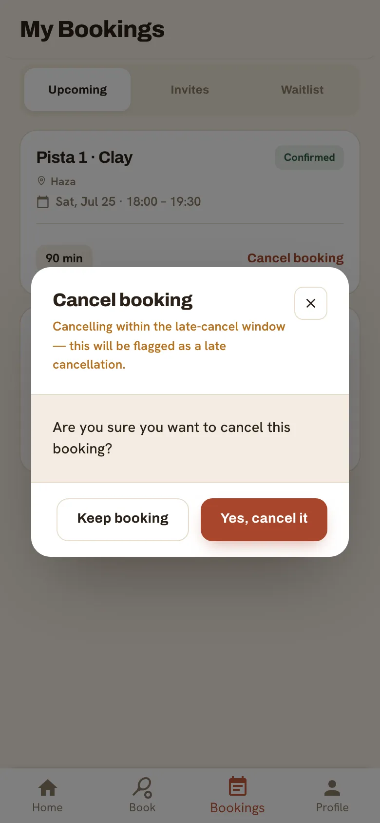 The cancel-booking confirmation dialog asking the member to confirm.