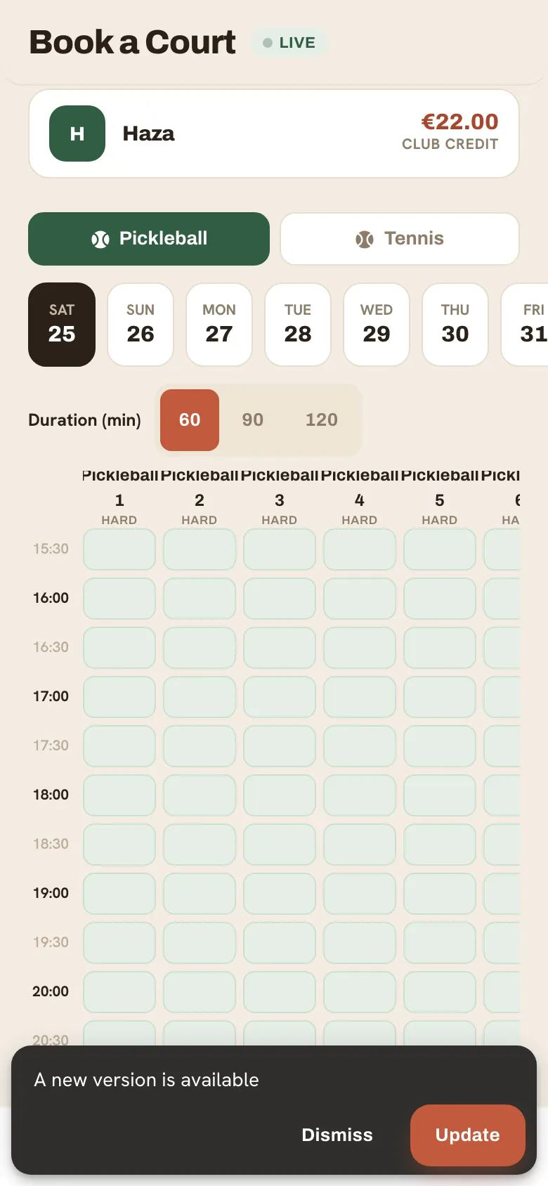 The Book tab showing date pills across the top and a grid of green available and sand booked court slots.