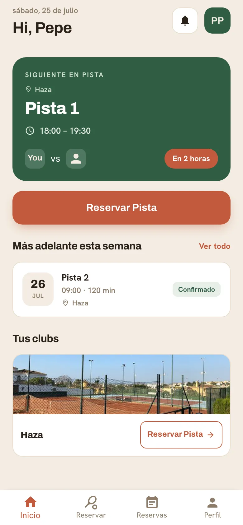 La pestaña Inicio con la próxima reserva y lo que requiere atención.