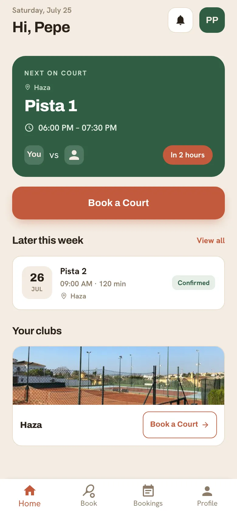 The Home tab showing the next booking and things that need attention.