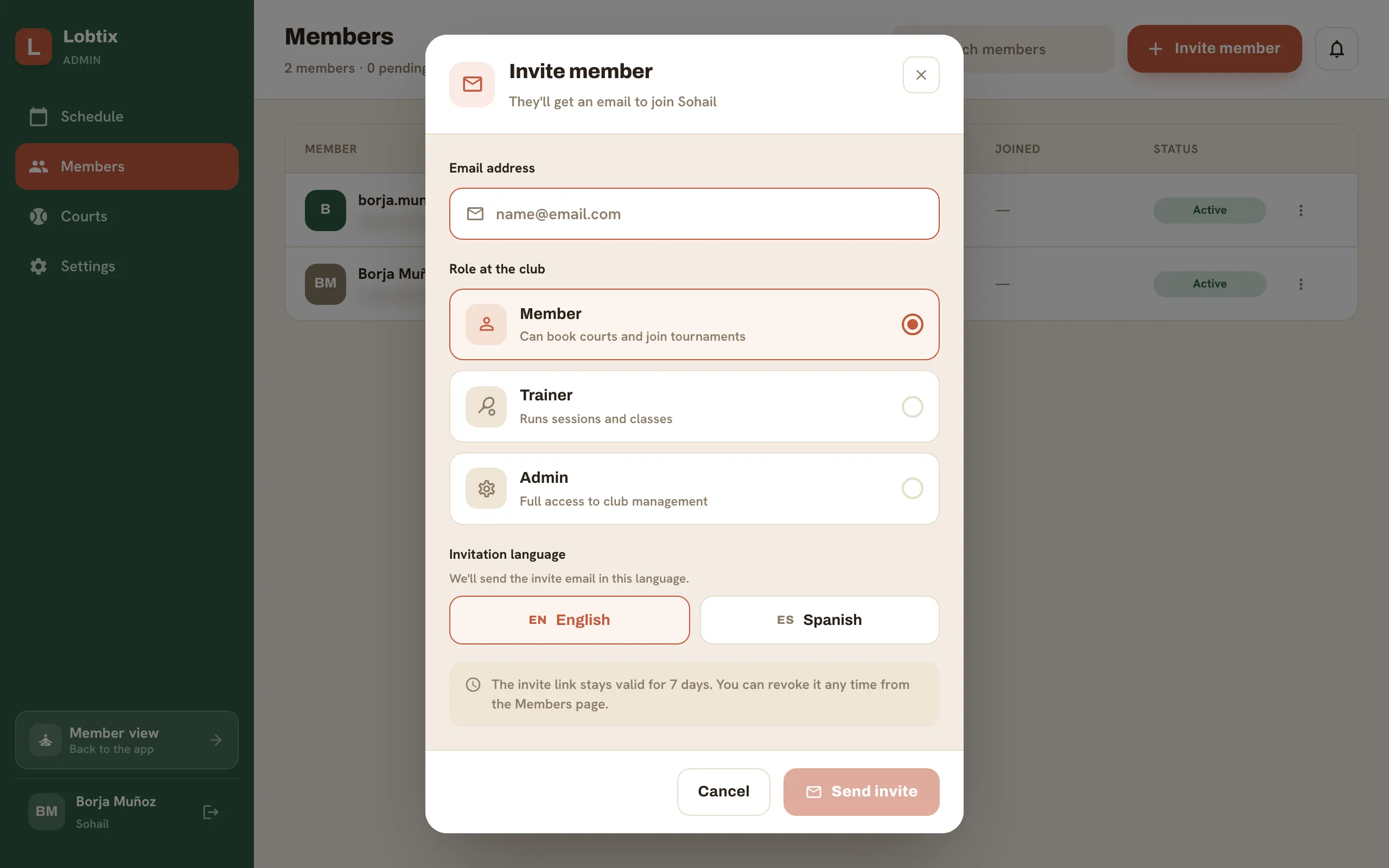 The Invite member dialog with an email field and Member / Trainer / Admin role cards.