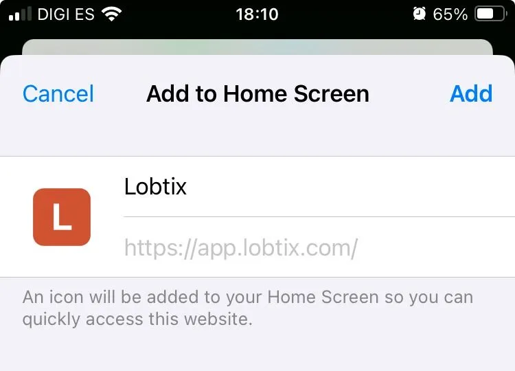 The iOS Add to Home Screen sheet showing the Lobtix icon and name, with the Add button in the top right.