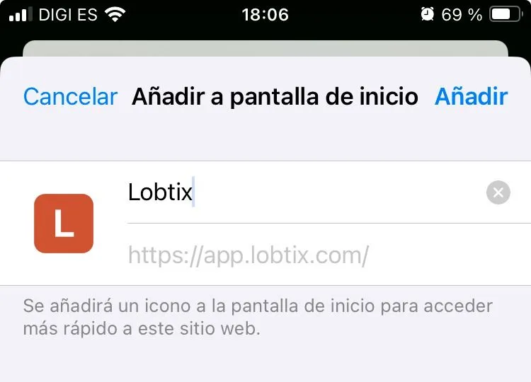 La hoja Añadir a pantalla de inicio de iOS con el icono y el nombre de Lobtix, y el botón Añadir arriba a la derecha.