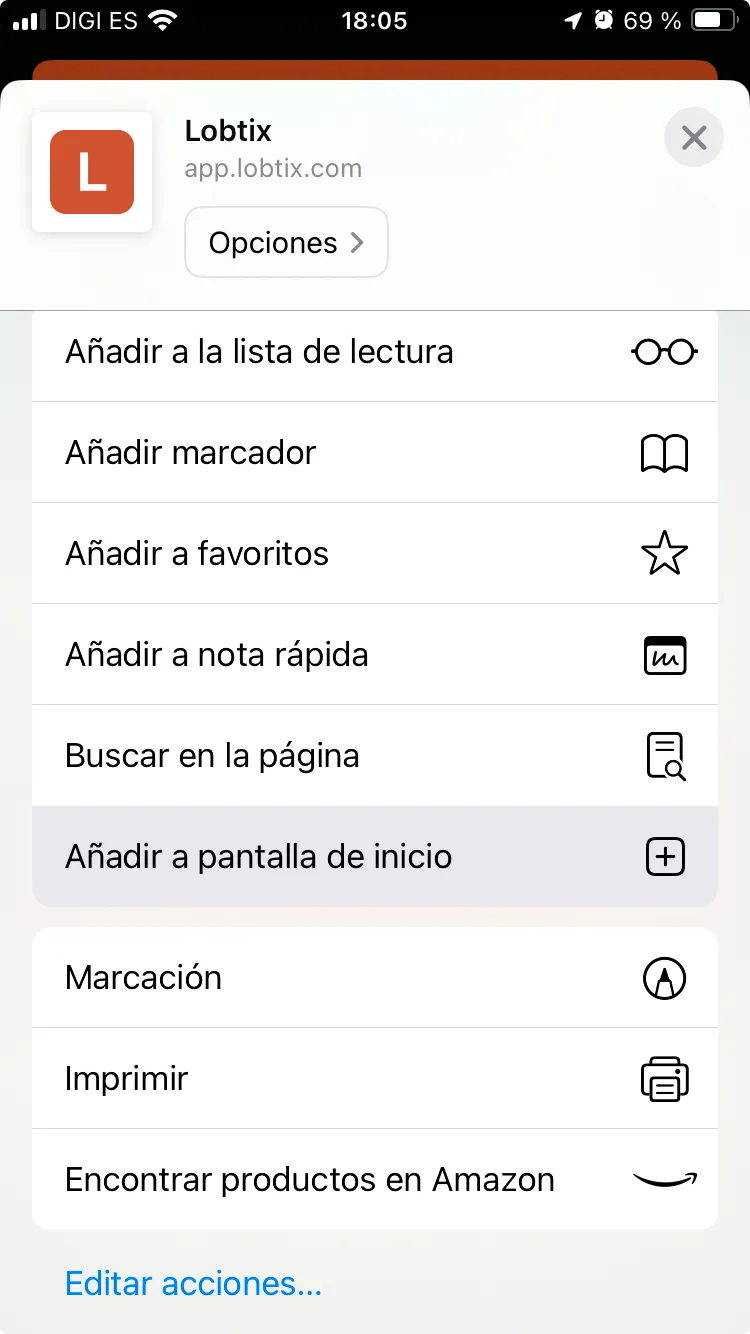 El menú Compartir de Safari abierto en app.lobtix.com, con Añadir a pantalla de inicio resaltado en la lista de acciones.