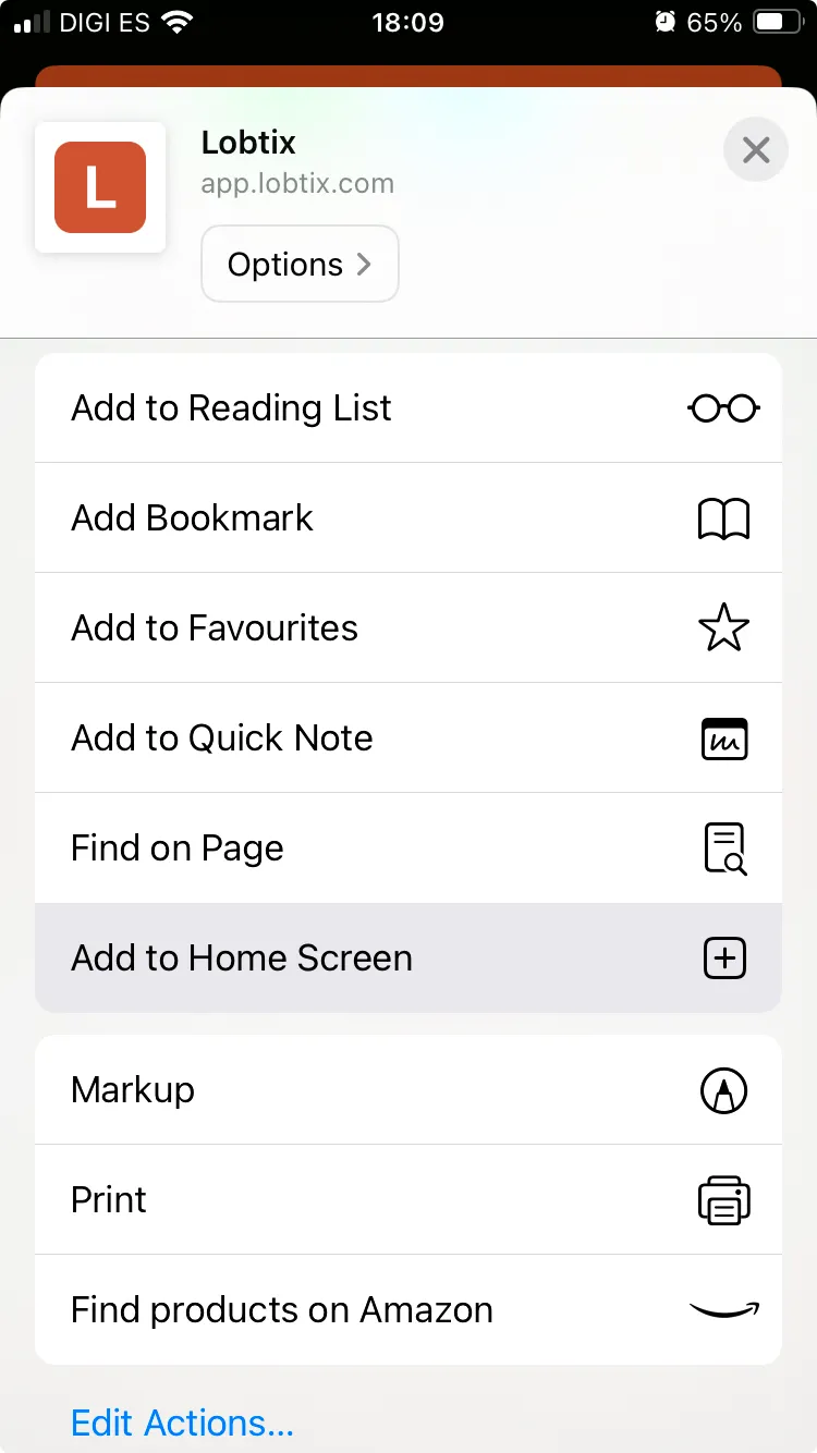 Safari's share sheet open on app.lobtix.com, with Add to Home Screen highlighted in the list of actions.