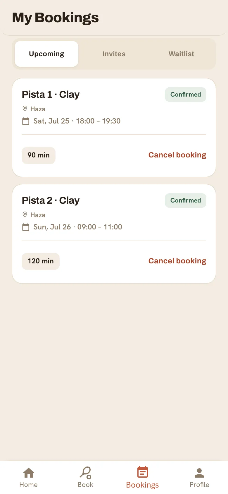 The My Bookings screen with an upcoming booking card showing court, club and time.