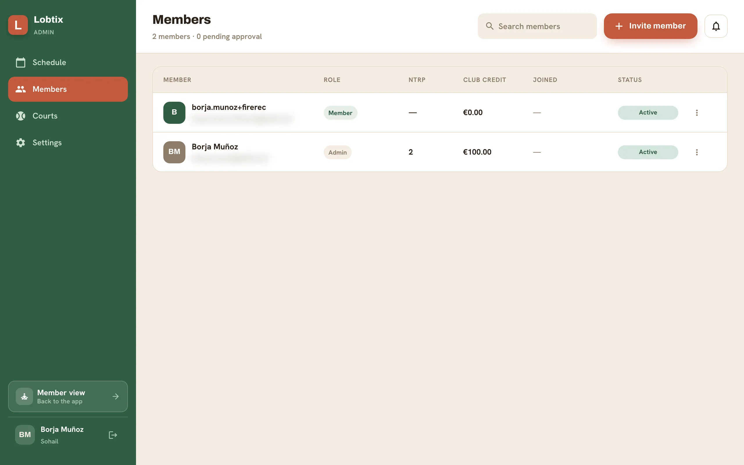 The admin Members page with the member list and pending approvals.