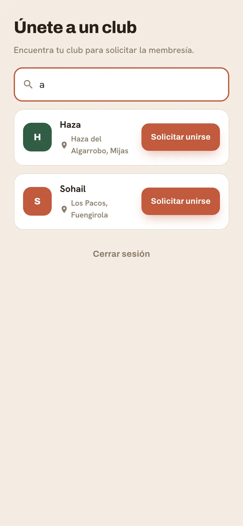 La pantalla de búsqueda de clubes mostrando clubes coincidentes con su ubicación.