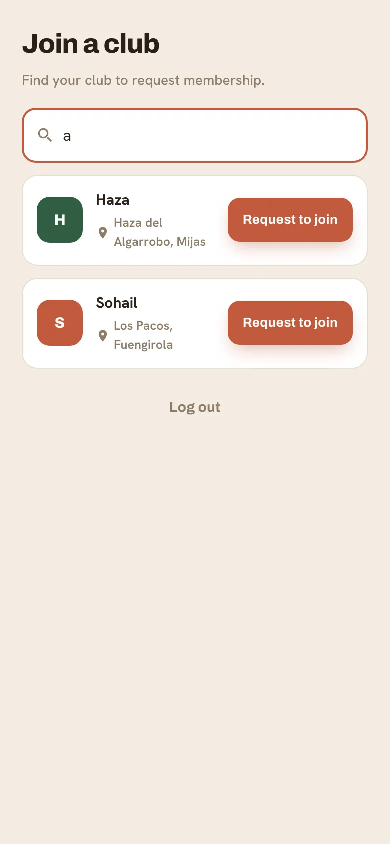 The Join a club search screen showing matching clubs with location.