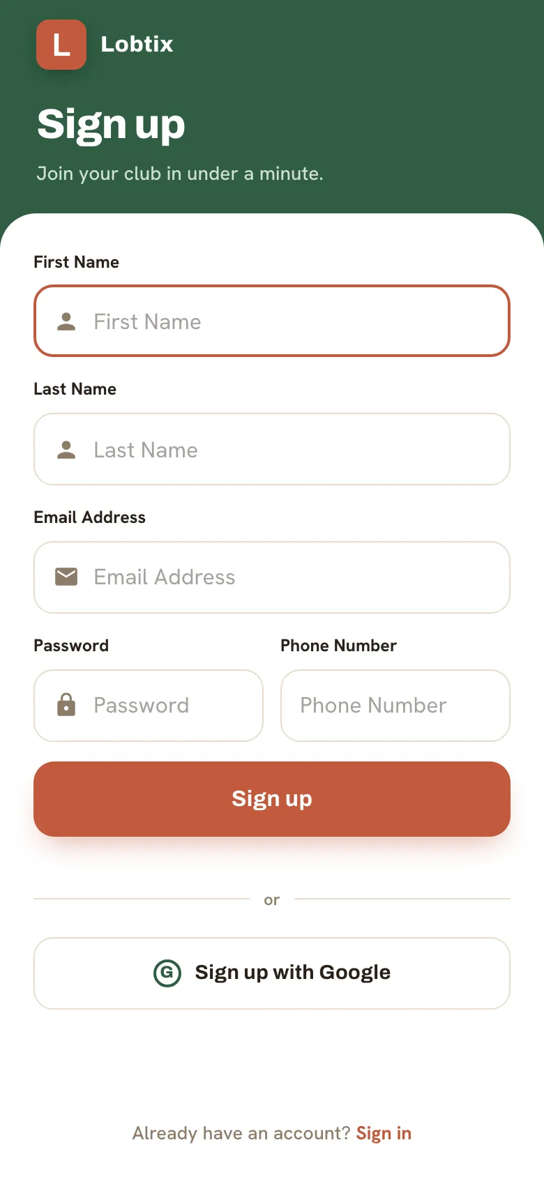 The Lobtix sign-up screen with First name, Last name, Email, Password and Phone number fields, plus a Sign up with Google option.