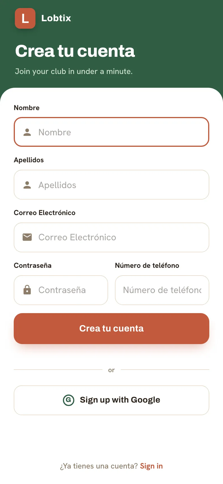 La pantalla de registro de Lobtix con los campos Nombre, Apellidos, Correo, Contraseña y Teléfono, además de la opción Registrarse con Google.