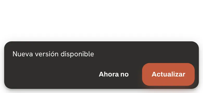 Una barra en la parte inferior de la app de Lobtix con el texto Nueva versión disponible y los botones Ahora no y Actualizar.